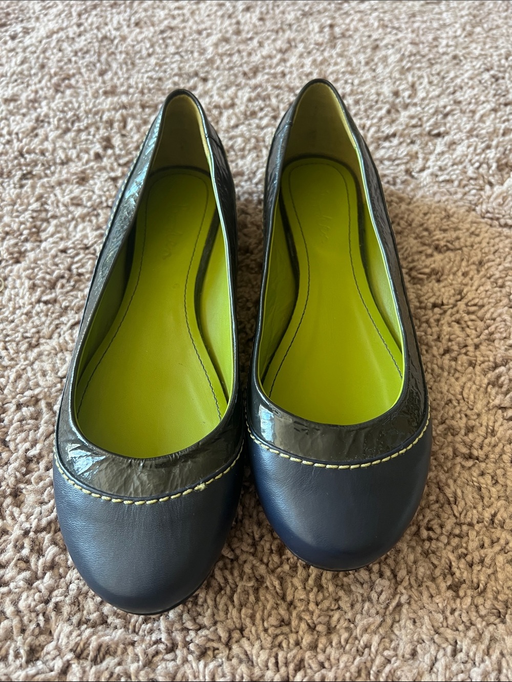 Boden leather Classic Women's Navy Ballet Flats with Lime Insole Size 38